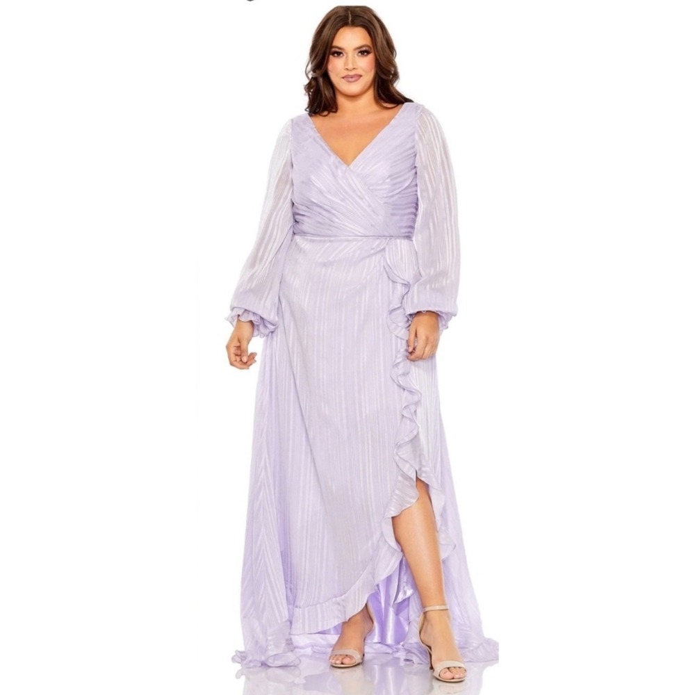 Mac Duggal Ieena Lilac Metallic Stripe Faux Wrap Gown 20W 49498 Purple Dress